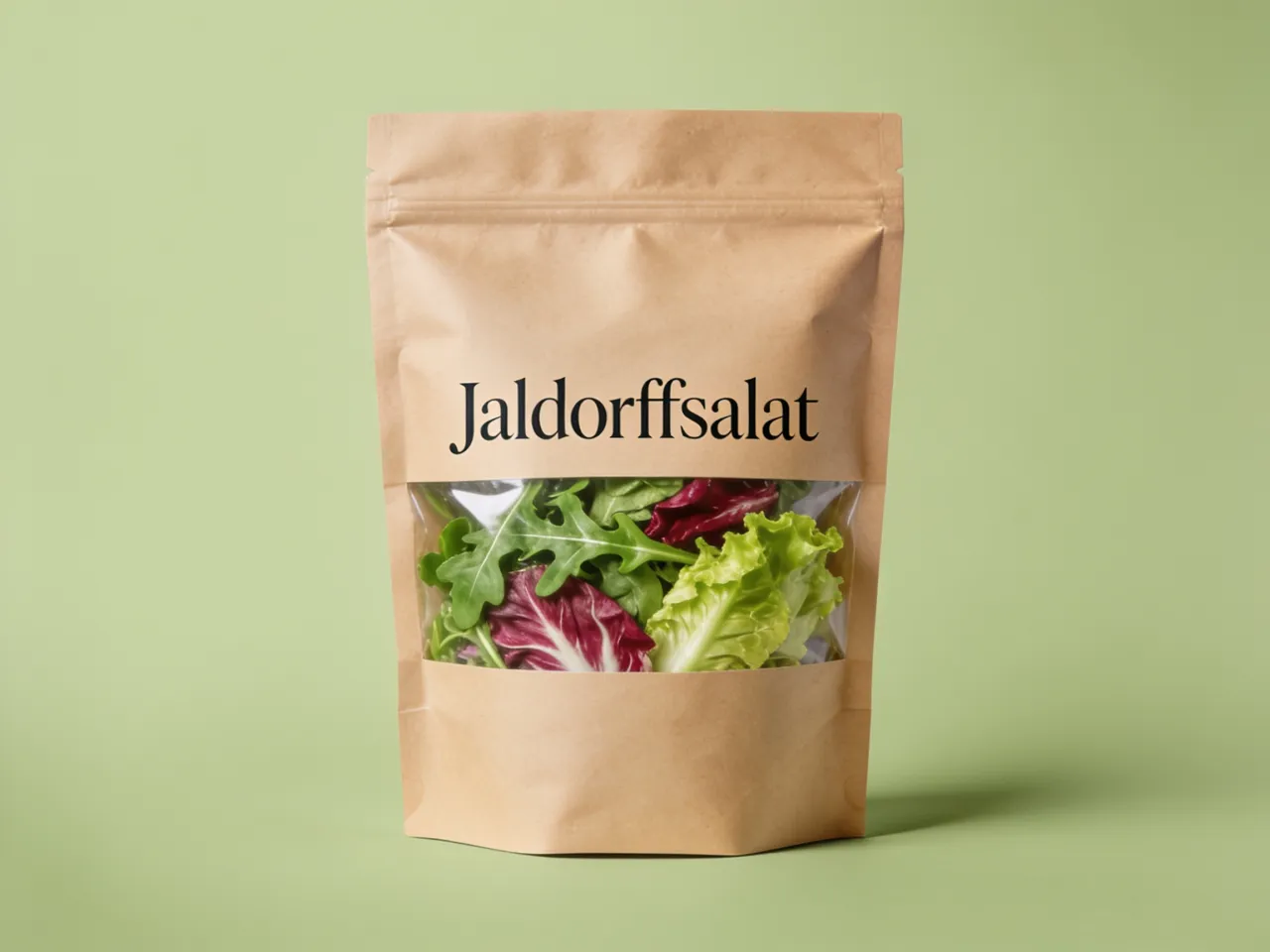 Jaldorffsalat kraft resealable pouch with a clear window full of green and burgundy salad leaves